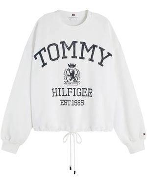 Tommy Hilfiger Crest Logo-Print Drawstring-Hem Sweater - White
