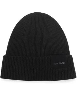 Tom Ford Logo-Patch Ribbed-Knit Beanie Hat - Black
