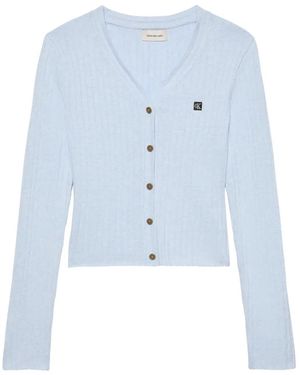 Calvin Klein Ribbed-Knit Logo-Patch Cardigan - Blue