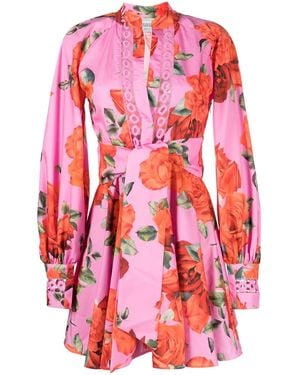 Forte Floral-Print Belted Cotton Dress - Red