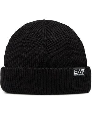 EA7 Logo-Patch Ribbed-Knit Beanie Hat - Black