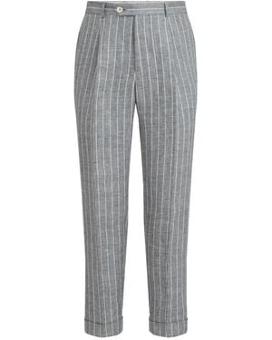 Brunello Cucinelli Chalk-Stripe Linen Twill Pants With Pleat - Gray