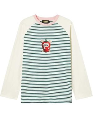 Mini Cream Strawberry-Print Striped Top - Blue