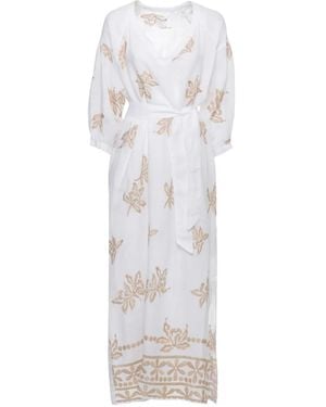 120% Lino Floral-Embroidered Belted Dress - White
