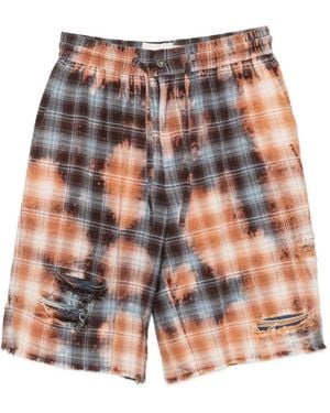 Feng Chen Wang Check-Pattern Distressed Shorts - Brown
