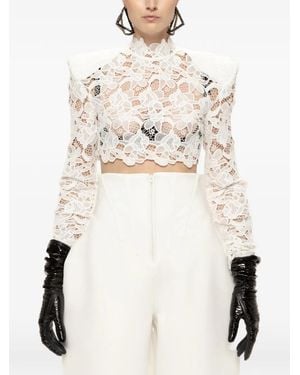 Nissa Structured-Shoulder Lace Crop Top - Natural