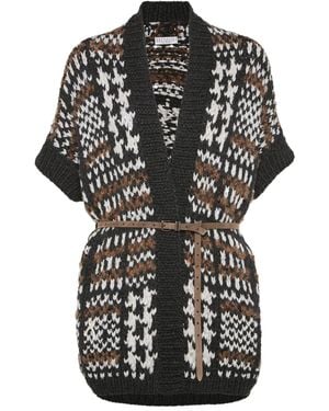 Brunello Cucinelli Houndstooth-Pattern Short-Sleeve Cardigan - Black