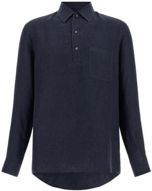ZEGNA Oasi Lino Long-Sleeve Linen Polo Shirt - Blue