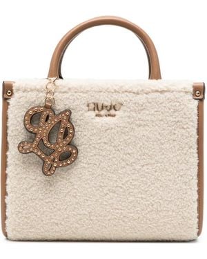 Liu Jo Faux-Shearling Logo-Plaque Tote Bag - Natural