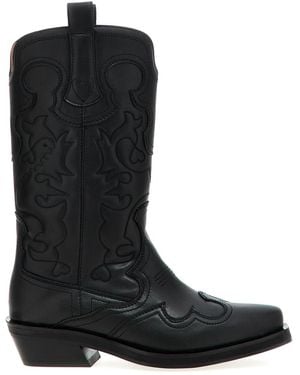 Ganni Embroidered Western Boots - Black