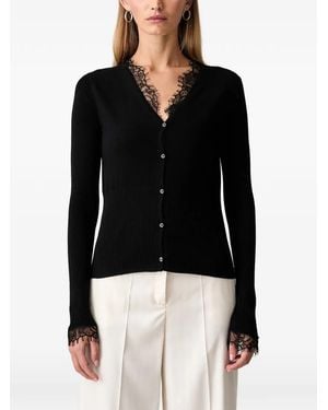 Pinko Lace-Trim Ribbed-Knit Wool Cardigan - Black