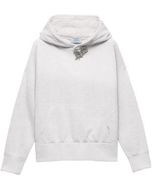 Prada Cotton Fleece Hoodie With Jewel Brooch - White