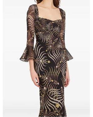 Saloni Willa Long-B Palm-Print Dress - Black