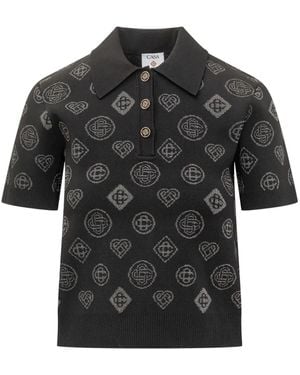 CASABLANCA Knitted Polo Shirt With Monogram Pattern - Black