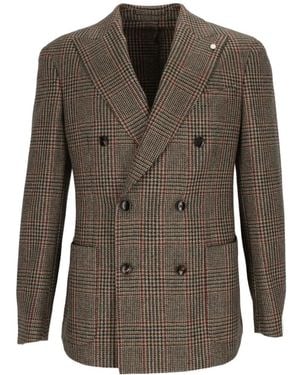 Luigi Bianchi Check-Pattern Double-Breasted Blazer - Brown