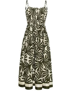 Cara Cara Carmen Smocked Leaf-Print Midi Dress - White