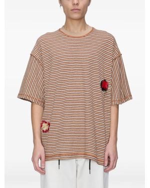 Song For The Mute Striped Flower-Patch T-Shirt - Natural