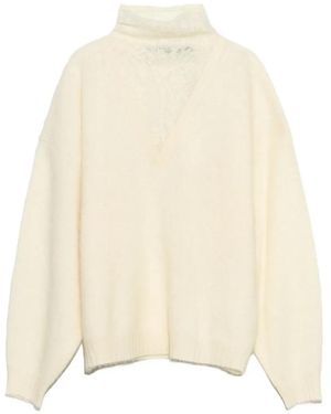 Bimba Y Lola Ivory Wool Openwork High-Neck Jumper - Natural
