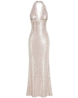 MANURI Pixie Sequin-Embellished Lace-Trim Long Dress - White