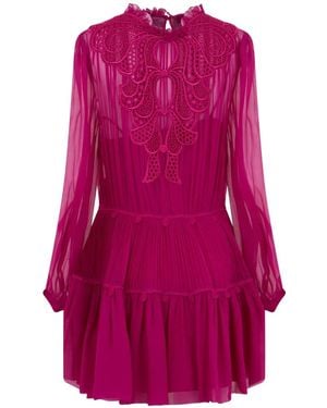 Alberta Ferretti Lace-Trimmed Pleated Mini Dress - Pink