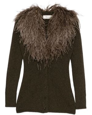 Blumarine Feather-Trimmed Wool Cardigan - Green