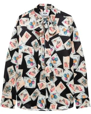 MSGM Playing-Card-Print Pussy-Bow Blouse - White
