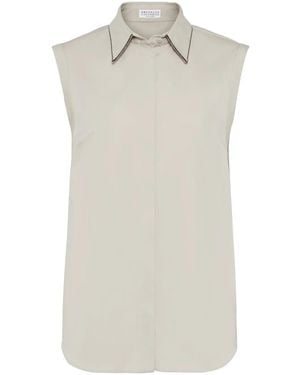 Brunello Cucinelli Sleeveless Cotton-Blend Blouse - White