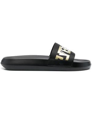 Versace La Greca Slippers With Embossed Logo - Black