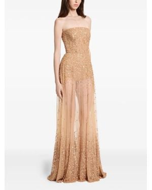 Elie Saab Strapless Beaded Embroidered Gown - Natural