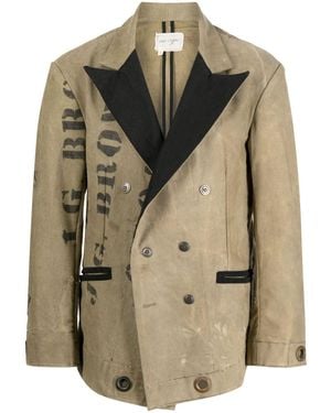 Greg Lauren Double-Breasted Text-Print Coat - Natural