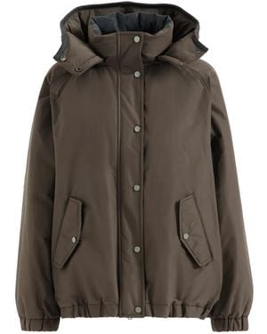 Brunello Cucinelli Techno Cotton Taffeta Outerwear Jacket With Detachable Knit Hood And Shiny Zipper Pull - Brown