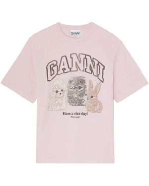 Ganni T-Shirt With Animals - Pink