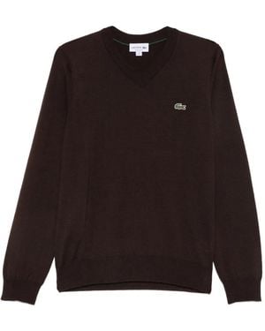 Lacoste Logo-Patch V-Neck Sweater - Brown