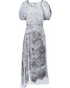 Prada Coral-Print Silk Midi Dress - Grey