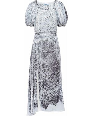 Prada Coral-Print Silk Midi Dress - Gray