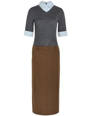 STAUD Geo Layered Woven Midi Dress - Brown