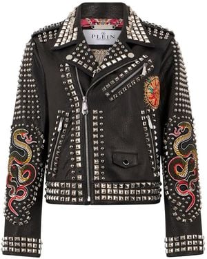 Philipp Plein Boxy Fit Biker Jacket Studs & Patches - Black