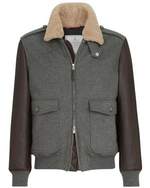 Brunello Cucinelli Bonded Cashmere Beaver Cloth And Nappa Leather Bomber Jacket With Thermore Padding And Detachable Shearling Collar - Grey