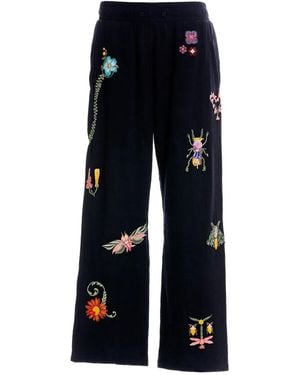 Agua Bendita Embroidered-Floral Insect Pants - Blue