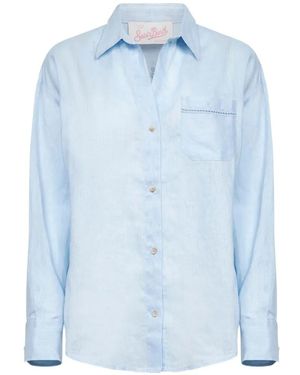 MC2 Saint Barth Light Linen Embroidered Crystal Shirt - Blue