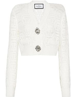 Philipp Plein Monogram Crochet-Knit Cardigan - White