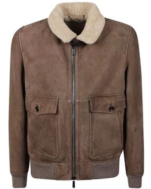 Moorer Shearling-Collar Leather Jacket - Brown