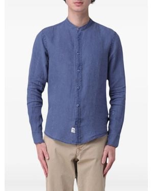 Blauer Leinenhemd Mit Mandarinkragen - Blau