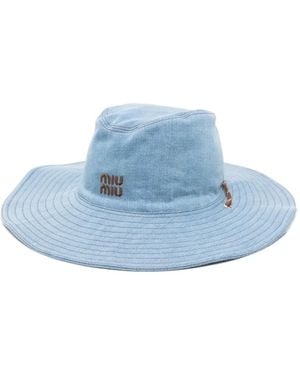 Miu Miu Logo-Embroidered Wide-Brim Sun Hat - Blue