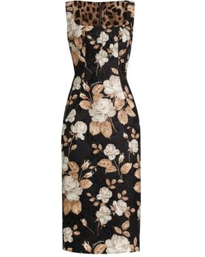 Dolce & Gabbana ローズプリント スクエアネック ドレス - ブラック