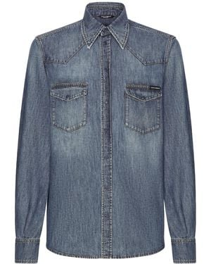 Dolce & Gabbana Timeless Collared Button-Up Denim Shirt For - Blue