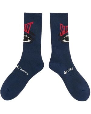 SAINT Mxxxxxx Eye-Motif Intarsia-Knit Socks - Blue