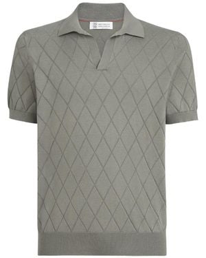 Brunello Cucinelli Cotton Textured Argyle Lightweight Knit Polo Shirt - Grey