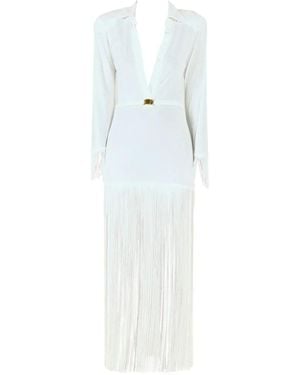 ROWEN ROSE Fringe-Trim Long-Sleeve Maxi Polo Dress - White