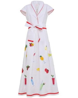 Loretta Caponi Giardino Embroidered Poplin Cotton Midi Shirt Dress - White